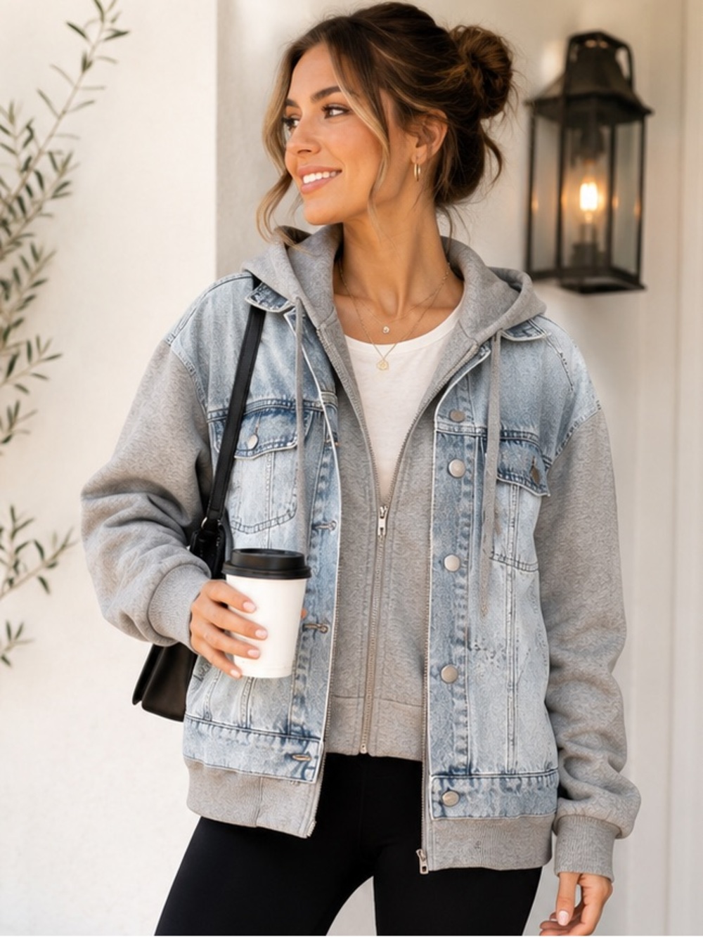BLANKNYC Together Again Hooded Denim Jacket Gray Knit Sleeve Layered Trucker Sma